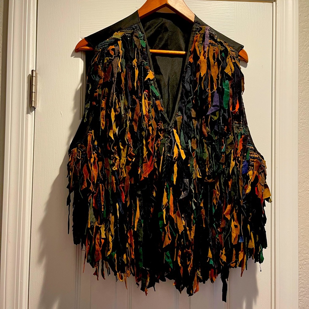 Multicolored vintage leather fringed boho vest